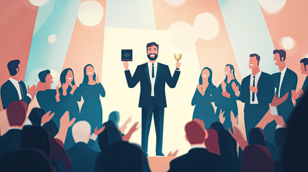 A business leader standing on stage, holding an award, with an audience clapping and cheering in the background, celebrating corporate success.の素材
