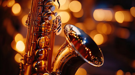 A close-up of a saxophone resting on a chair between performances, with warm lighting highlighting the brass finish and the reed mouthpiece.の素材