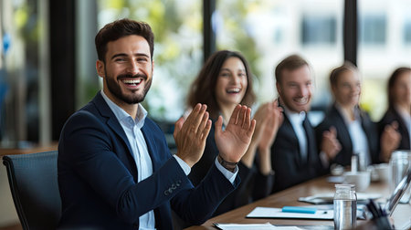 A business team in a meeting room applauding and cheering as their leader announces the success of a major project, with excitement and joy in their faces.の素材