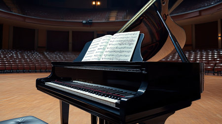 A beautiful grand piano in an empty concert hall, with the lid open and sheet music on the stand, ready for the next performance.の素材