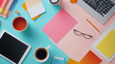 A colorful flat lay of design tools, including Pantone cards, a sketchbook, a tablet, and a coffee cup, suggesting a designers daily creative routine.の素材