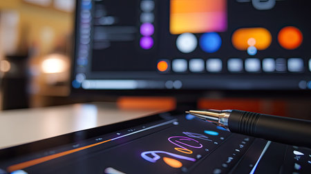 A close-up of a digital pen and tablet in use, showing a logo design in progress with color and font tools open on a large monitor in the background.の素材