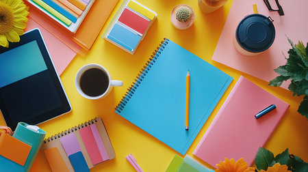 A colorful flat lay of design tools, including Pantone cards, a sketchbook, a tablet, and a coffee cup, suggesting a designers daily creative routine.の素材