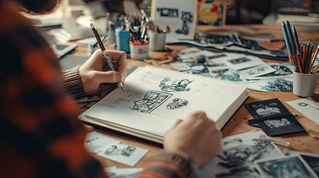 A close-up shot of a graphic designer sketching logo concepts in a notebook, with design tools and inspiration photos spread across the desk.の素材