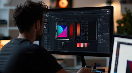 A designer using a high-end graphic design software, adjusting the gradient on a logo, with the tools and layers visible on the screen.の素材