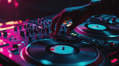 A close-up of a DJs hand adjusting the knobs on a mixer, with vinyl records spinning on turntables and colorful lighting setting the mood.の素材