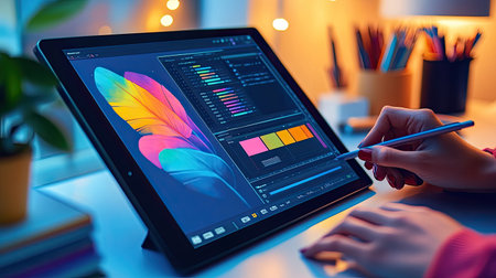 A designer refining a colorful digital illustration on a tablet, with design software tools and layers open on the side of the screen.の素材