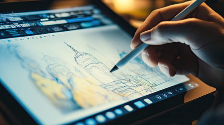 A close-up shot of a designers hand using a stylus to create a digital illustration on a tablet, with layers and tools open on the software.の素材