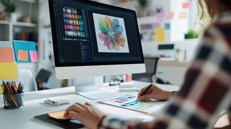A designer working at a sleek desktop computer, sketching logo ideas on paper and adjusting colors on screen, surrounded by design tools like a tablet and color swatches.の素材