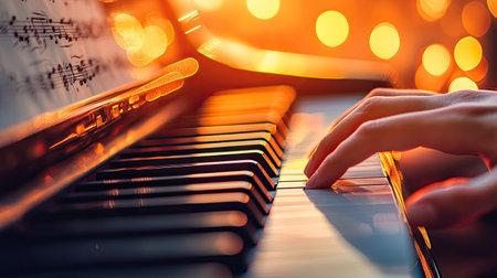 A close-up shot of a pianos keys being played during a dramatic piece, with fingers in motion and a blurred background of sheet music.の素材