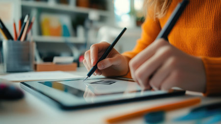 A close-up of a graphic designer using a stylus to adjust a logo design on a digital tablet, with a clean workspace filled with design materials.の素材