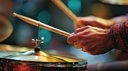 A close-up of a drummers hands gripping drumsticks mid-performance, with motion blur emphasizing the rhythm and energy of the beat.の素材