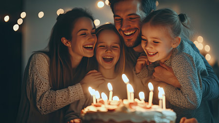 A family celebrating a young professional's promotion with a homemade cake, candles, and hugs, smiling and enjoying the moment of success.の素材
