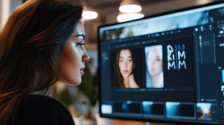 A designer adjusting typography options on a large screen, showcasing the creative process of developing a brand identity and color scheme.の素材