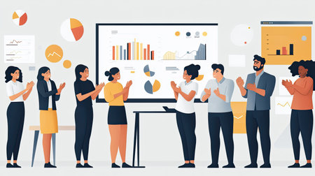 A diverse group of coworkers standing in a meeting room, applauding as their leader announces a successful year, with charts and graphs on the screen.の素材