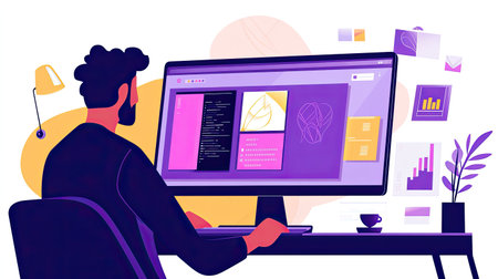 A designer refining a vector graphic on a computer, with various layers and design tools visible, showcasing the technical side of graphic design.の素材