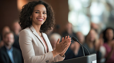 A successful businesswoman standing at a podium, receiving an award at a professional event, with the audience clapping and cheering her on.の素材