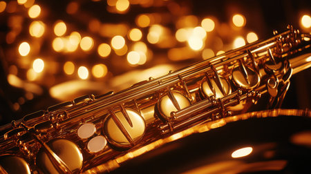A close-up of a saxophone resting on a chair between performances, with warm lighting highlighting the brass finish and the reed mouthpiece.の素材