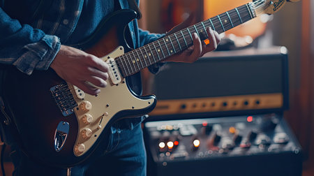 A guitarist tuning the strings of an electric guitar, with a pedalboard and amplifier visible in the background in a studio setting.の素材