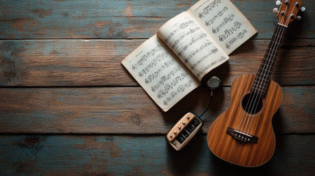 A flat lay of a ukulele, guitar tuner, and sheet music, placed creatively on a wooden surface with soft natural lighting.の素材