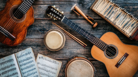 A flat lay of musical instruments including a guitar, harmonica, and tambourine, arranged on a rustic wooden surface with sheet music scattered around.の素材