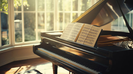 A grand piano in a beautiful sunlit room, with sheet music open and waiting for the next performer, creating a peaceful and serene mood.の素材