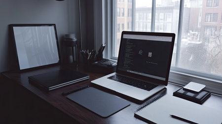 A minimalist workspace with a designers tablet, notebook, and open design software on the laptop, showing the early stages of a logo concept.の素材
