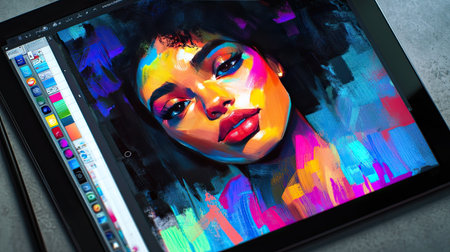 A digital art board filled with layers, brush tools, and a vibrant illustration in progress, displayed on a tablet with a stylus nearby.の素材