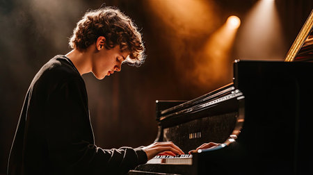 A young musician playing a grand piano on a concert stage, with dramatic lighting casting shadows across the keys and the pianists focused face.の素材
