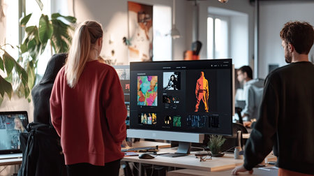 A modern design studio with monitors showing different branding projects, while designers gather around to discuss feedback and new ideas.の素材