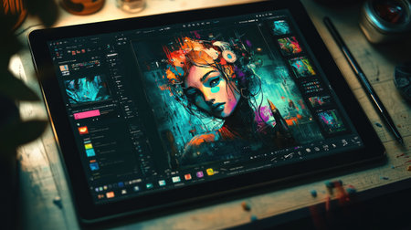 A digital art board filled with layers, brush tools, and a vibrant illustration in progress, displayed on a tablet with a stylus nearby.の素材