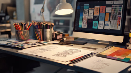 A graphic designers desktop featuring a logo design in progress, open color swatches, and a sketchbook filled with rough concept drawings.の素材