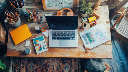 A flat lay of a designers desk filled with a laptop, sketches, color palettes, and design tools, suggesting an ongoing creative brainstorming session.の素材