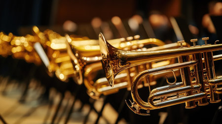 A row of brass instruments, including trumpets and trombones, lined up backstage before a big concert, waiting to be played.の素材