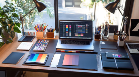 A minimalist design studio where the designers desk is filled with a laptop, sketchbook, digital tablet, and color swatches, all carefully organized.の素材