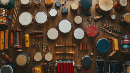 A vibrant collection of percussion instruments, including drums, tambourines, and maracas, spread across a wooden floor in a music studio.の素材