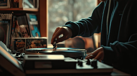 A musician playing a vintage vinyl record on a turntable, with focus on the needle and spinning record, surrounded by vinyl album covers.の素材