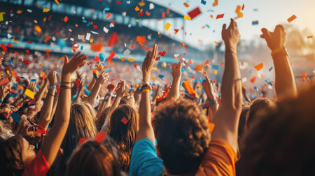 A joyful crowd at a sports event throwing confetti in the air, celebrating their teams championship victory with loud cheers and smiles.の素材
