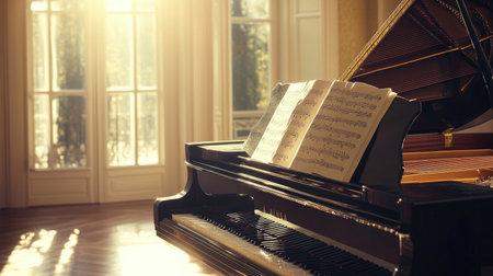 A grand piano in a beautiful sunlit room, with sheet music open and waiting for the next performer, creating a peaceful and serene mood.の素材