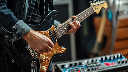 A guitarist tuning the strings of an electric guitar, with a pedalboard and amplifier visible in the background in a studio setting.の素材