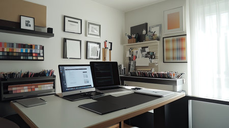 A minimalist design studio where the designers desk is filled with a laptop, sketchbook, digital tablet, and color swatches, all carefully organized.の素材