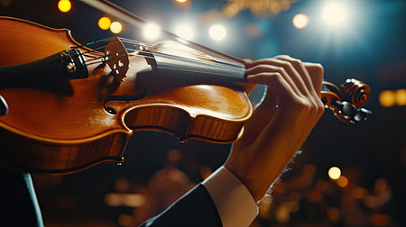 A musicians hands tuning a violin in preparation for a live performance, with stage lights and an orchestra in the background.の素材