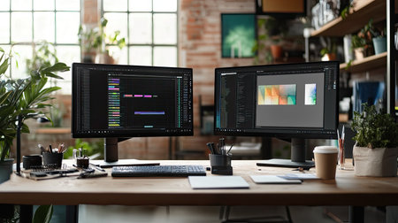 A vibrant workspace with dual monitors showing a graphic design software interface, a sketchpad, and a coffee cup beside, hinting at a productive designers desk.の素材