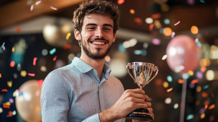 A young professional holding a trophy and smiling proudly at a corporate event, celebrating a big personal achievement with confetti in the background.の素材