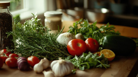 A close-up of a kitchen table with a variety of fresh vegetables, herbs, and spices arranged for a healthy cooking preparation.の素材