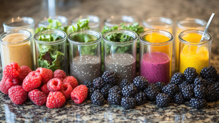 A colorful display of smoothie ingredients, including spinach, kale, berries, and chia seeds, arranged neatly on a kitchen counter.の素材