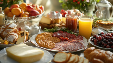 A delicious spread of a classic continental breakfast with assorted cheeses, cold cuts, breads, and fresh juices.の素材