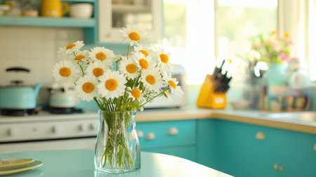 A bright, airy kitchen with a small table featuring a clear glass vase filled with daisies, surrounded by colorful kitchenware.の素材