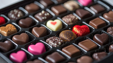 A close-up of a beautifully arranged box of assorted chocolates with heart-shaped pieces and colorful wrappers. Perfect for a romantic gift.の素材