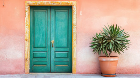 A vibrant green door with an ornate brass handle and a potted plant beside it, set against a pastel-colored wall.の素材